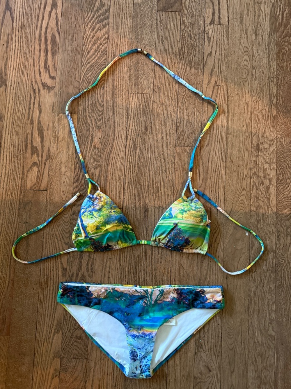 Vitamin A Green & Blue Printed Triangle Bikini Set Sz S